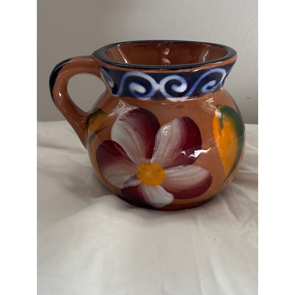 Handpainted Mexican Ceramic Flower Mug Rustic Terra Cotta Pottery Decor